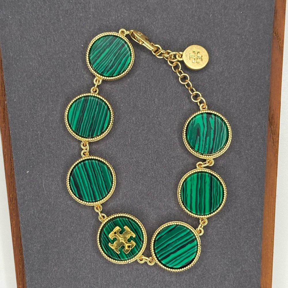 Tory Burch Malachite Link Bracelet Gold Green Logo Medallions Adjustable